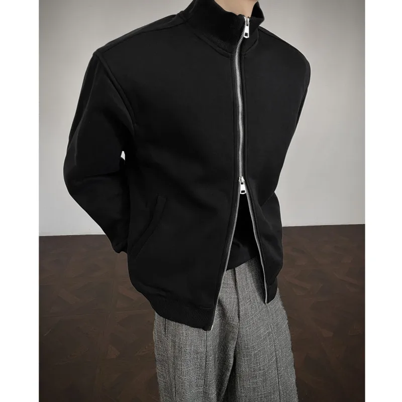 

American Retro Heavyweight Double Zipper Open Cardigan Jaet Men's Cleanfit Stand Collar Color Sweatirt Jaet