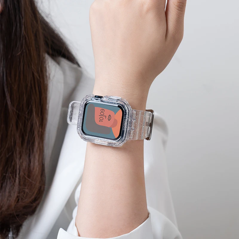 Glitter Band e Case para Apple Watch, Clear Candy Woman Bracelet, Acessórios iWatch, Série 8, 7, 6, SE, 5, 4, 3, 41mm, 45mm, 42, 38, 44, 40