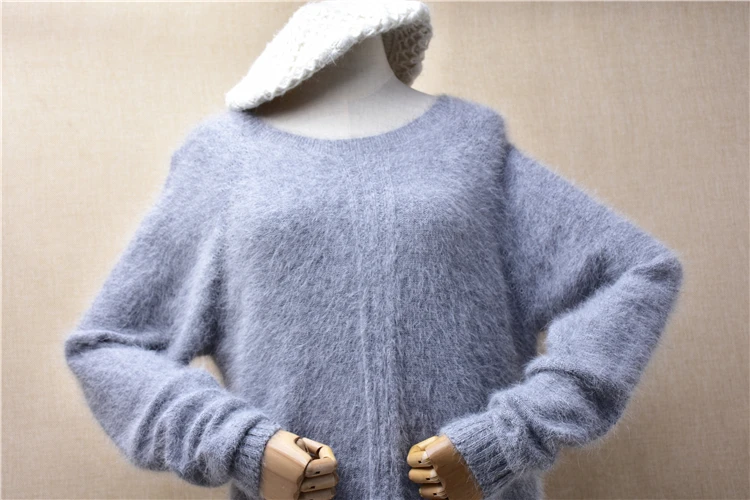 Female Women Fall Winter Clothing Grey Hairy Angora Rabbit Hair Knitted O-Neck Long Sleeves Slim Blouses Pullover Sweater Jumper