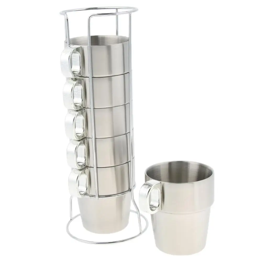 Stainless Steel Stackable Camping Mug Set Double Layer Thermal Cup with Rack for Outdoor Hiking Party