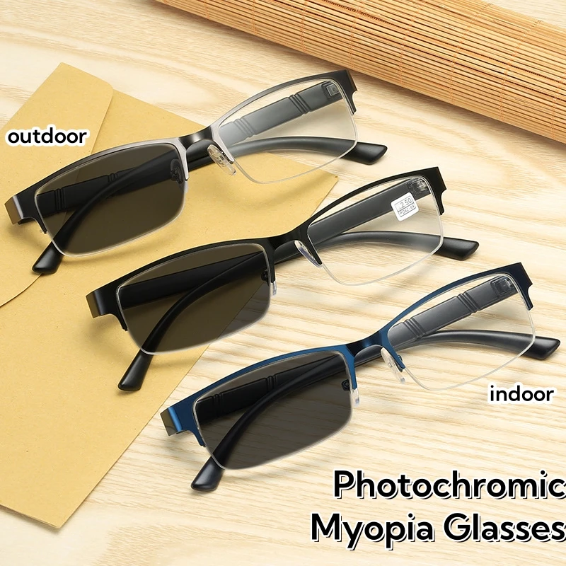 

High-end Half Frame Photochromic Short Sight Eyewear Trendy Myopia Glasses Outdoor Computer Eye Protection Near Sight Glasses