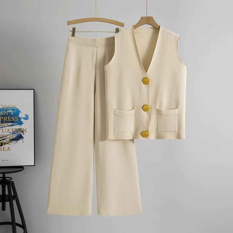 

Новые вязаные брюки, женские топы без рукавов с v-образным вырезом, повседневные отпускные комплекты из 2 предметов, однотонные элегантные брюки с высокой талией, трикотажные жилеты, комплекты Wh4