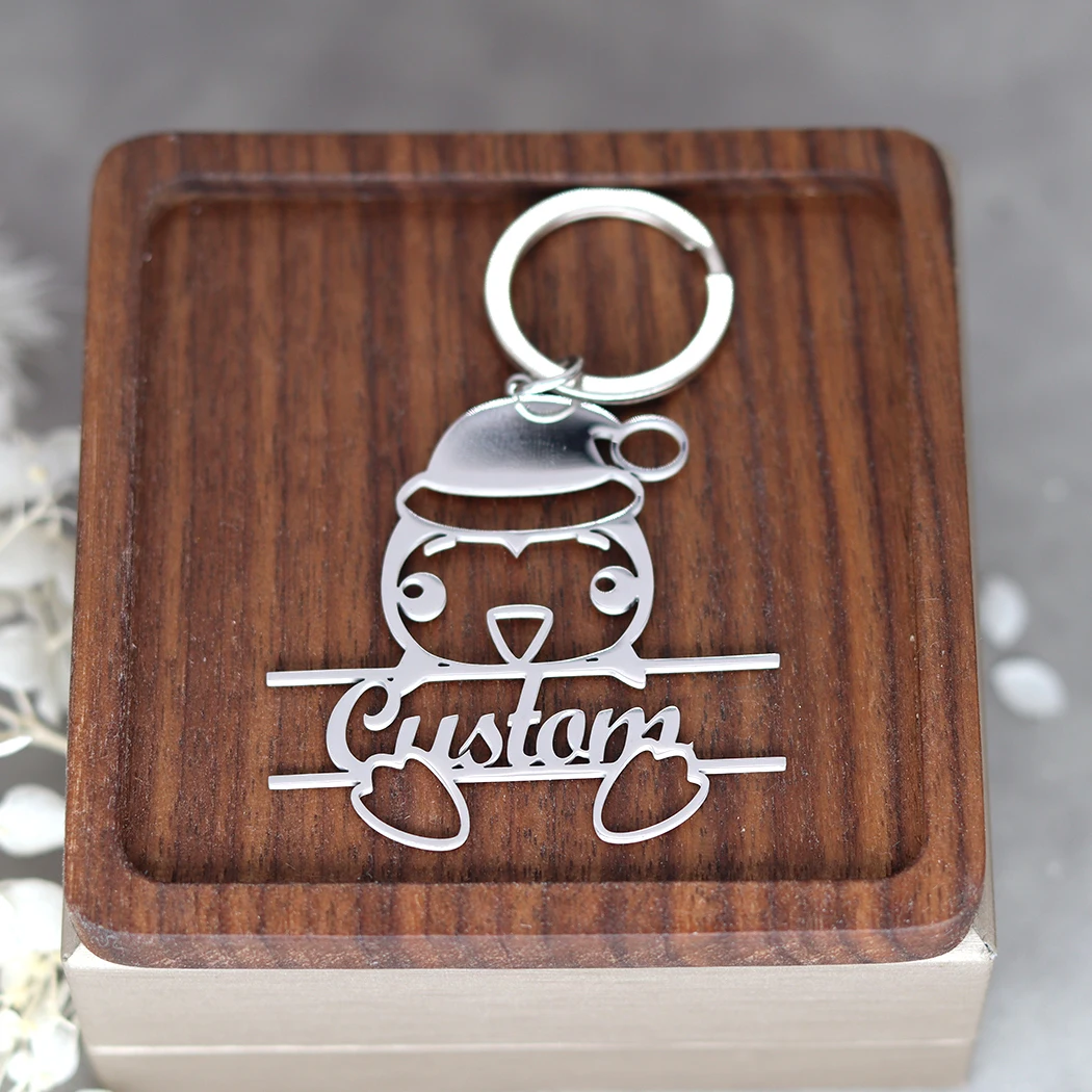 Stainless Steel Engrave Name Penguin Customized Keychain Men Keyring Pendant Keyring Cartoon Animal Jewelry Gift For Women