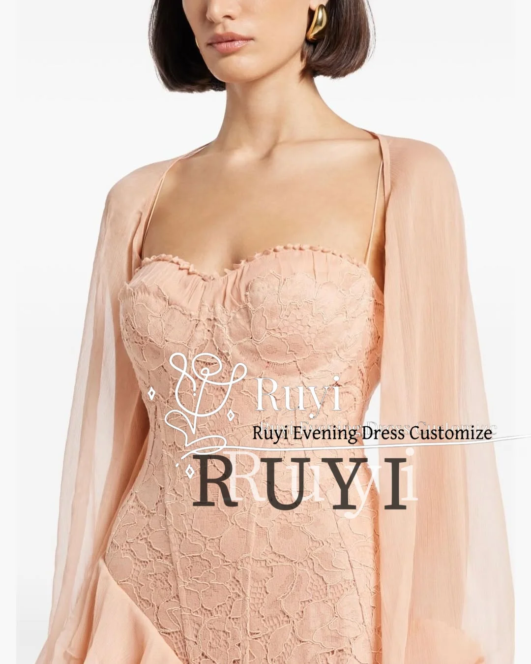 Abiti da ballo in pizzo con scollo a cuore personalizzati Abiti da sera in chiffon con maniche lunghe a sbuffo per occasioni formali con volant a strati