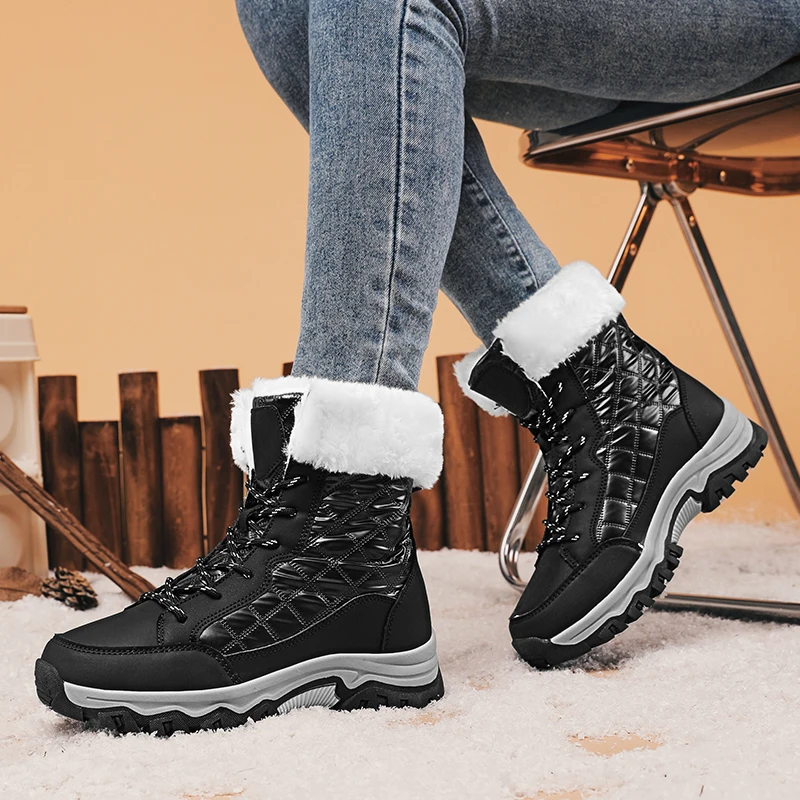 Waterproof and Warm Down fabric Snow Boots Women plush Antiskid Lady Outdoor Ankle Boots big size Mid-Calf Winter Boots Black
