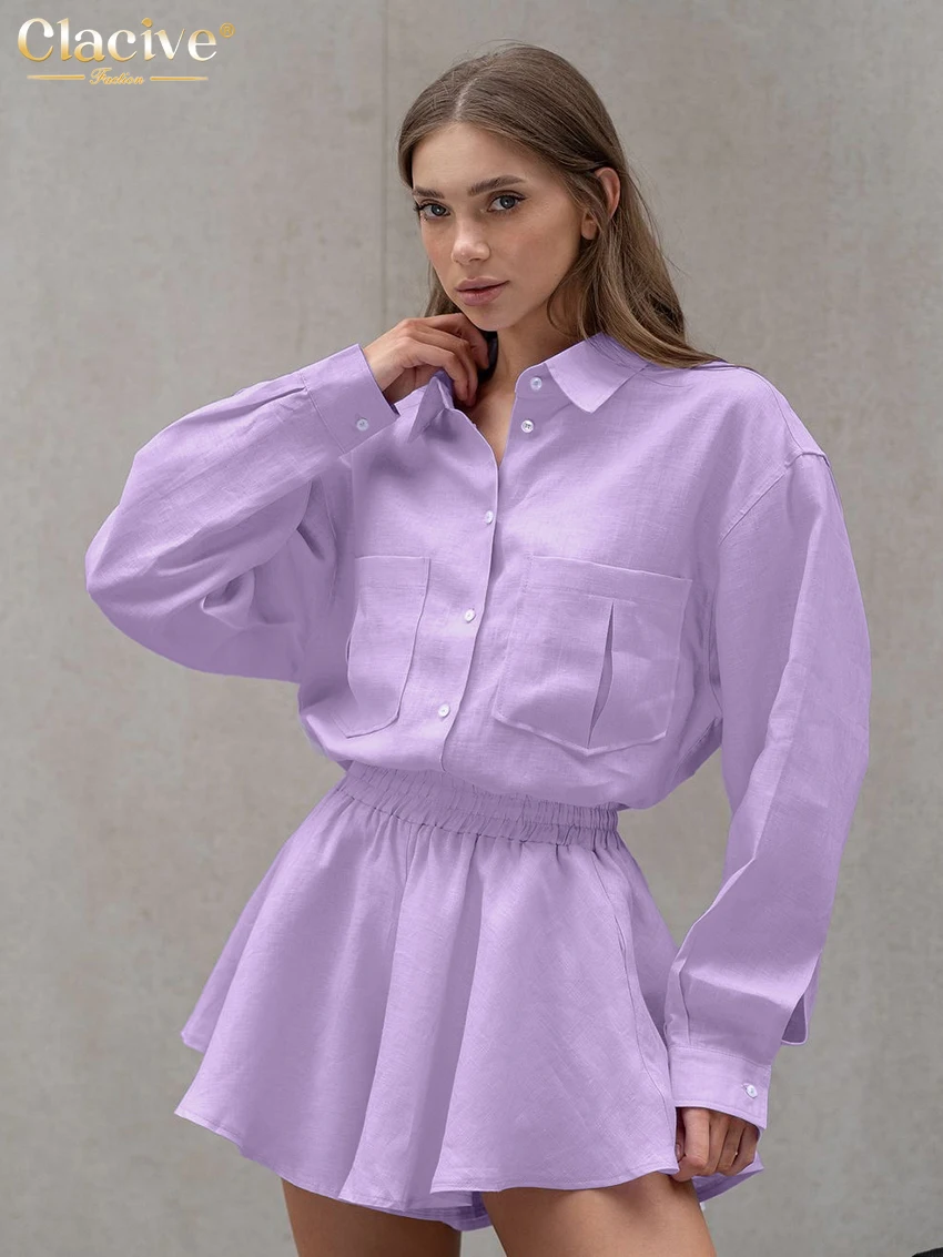 

Clacive Fashion Loose Purple Linen Women's Two Pieces Set 2025 Elegant Long Sleeve Blouse With High Waist Shorts Set Female