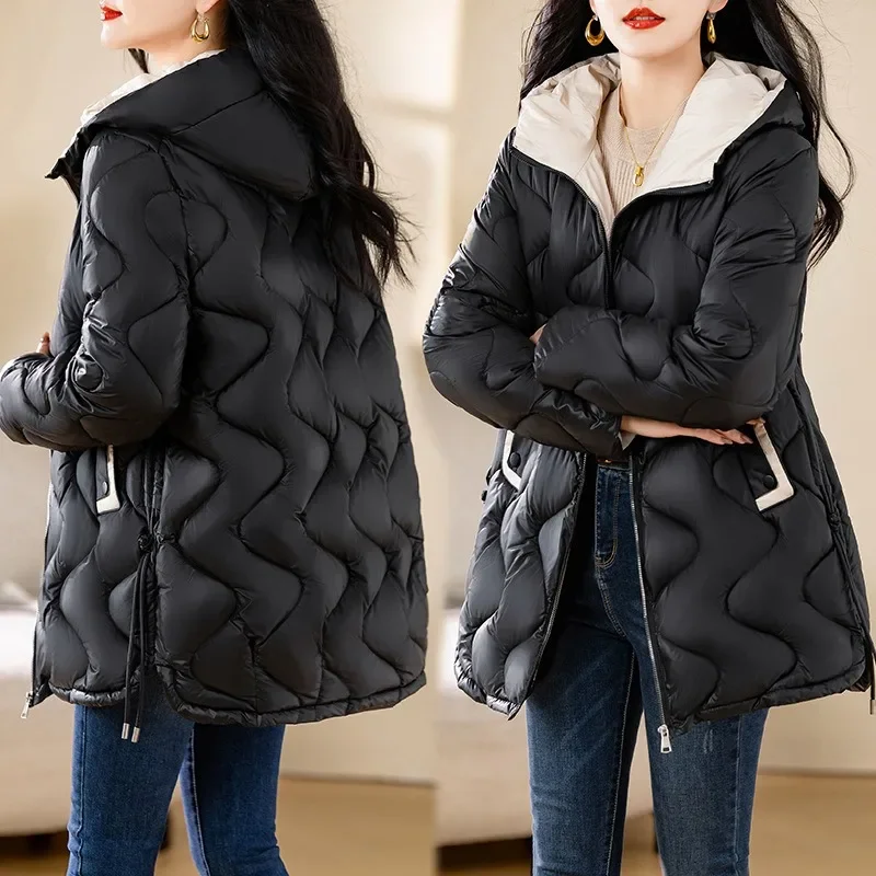 Medium Long Styles Lightweight Down and Cotton Jacket Women Wave Quilt Line Hooded Zippers Overcoat Thick Warm Women Clothing