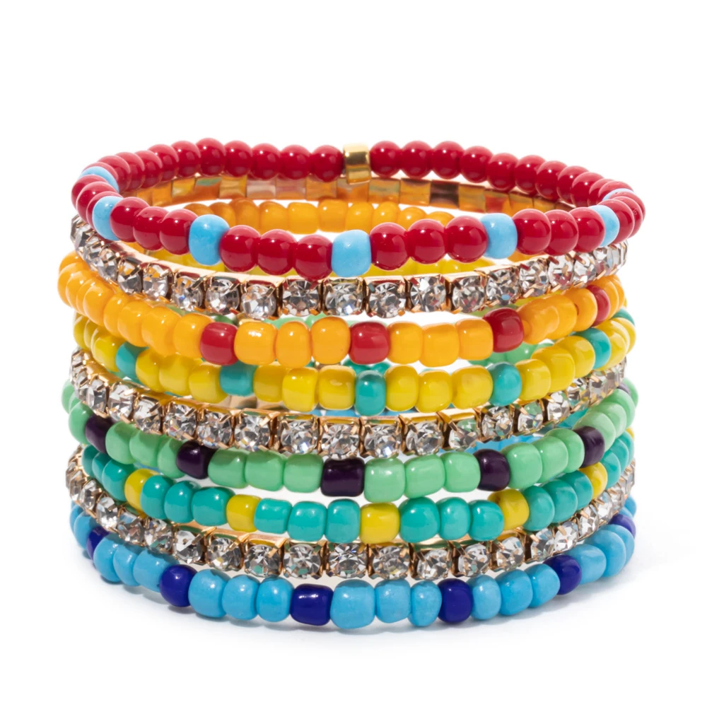 6pcs 4mm Coloful Seed Beads Bracelets For Women Bohemian Colorful Beaded Elastic Rope Bangle