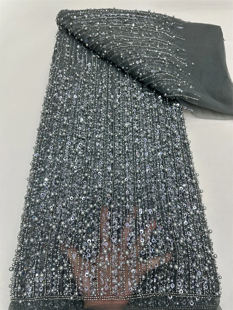 Hot Sale Superb Quality African Nigerian Sequins Tulle Lace Elegant Deluxe French Beads Net Lace Fabric For Evening Party Dress