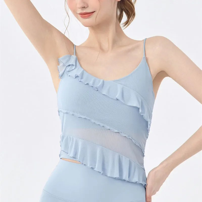 

Легкая пряжа, жилет для йоги с рюшами, спортивные майки для женщин, фитнес-тренажерный зал, бюстгальтер пуш-ап, жилет для бега, сексуальные топы для йоги на спине, майка