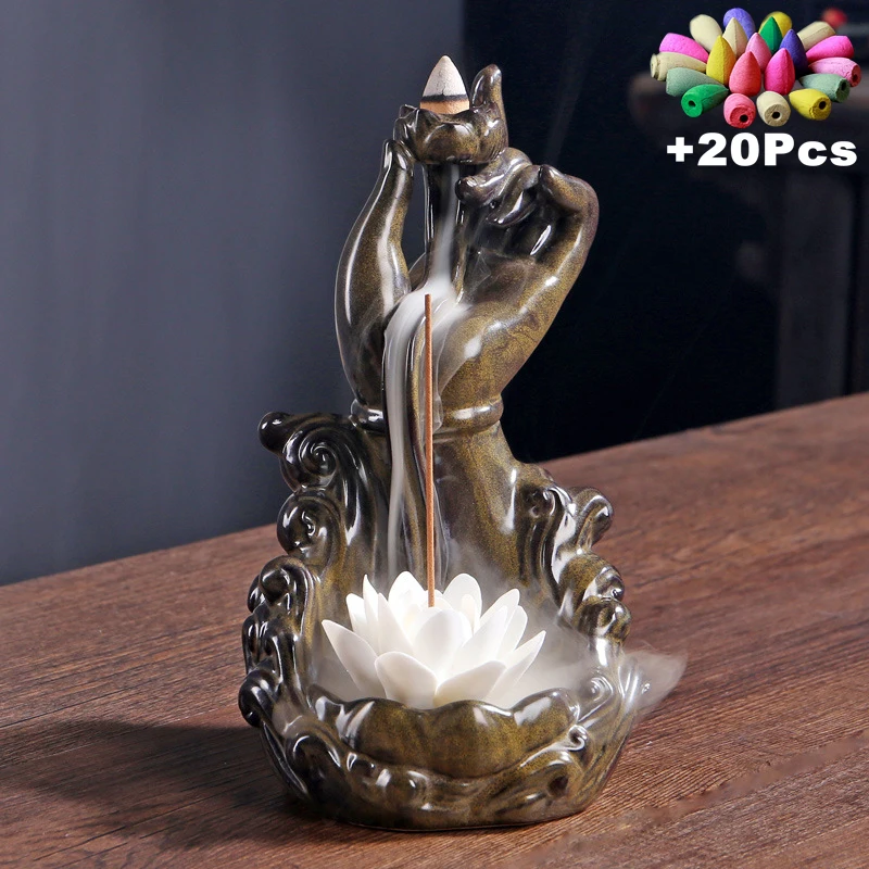 Incense Cones Stand Buddha Hand Monk Guanyin Blessing Lucky Feng Shui Decoration Waterfall Backflow