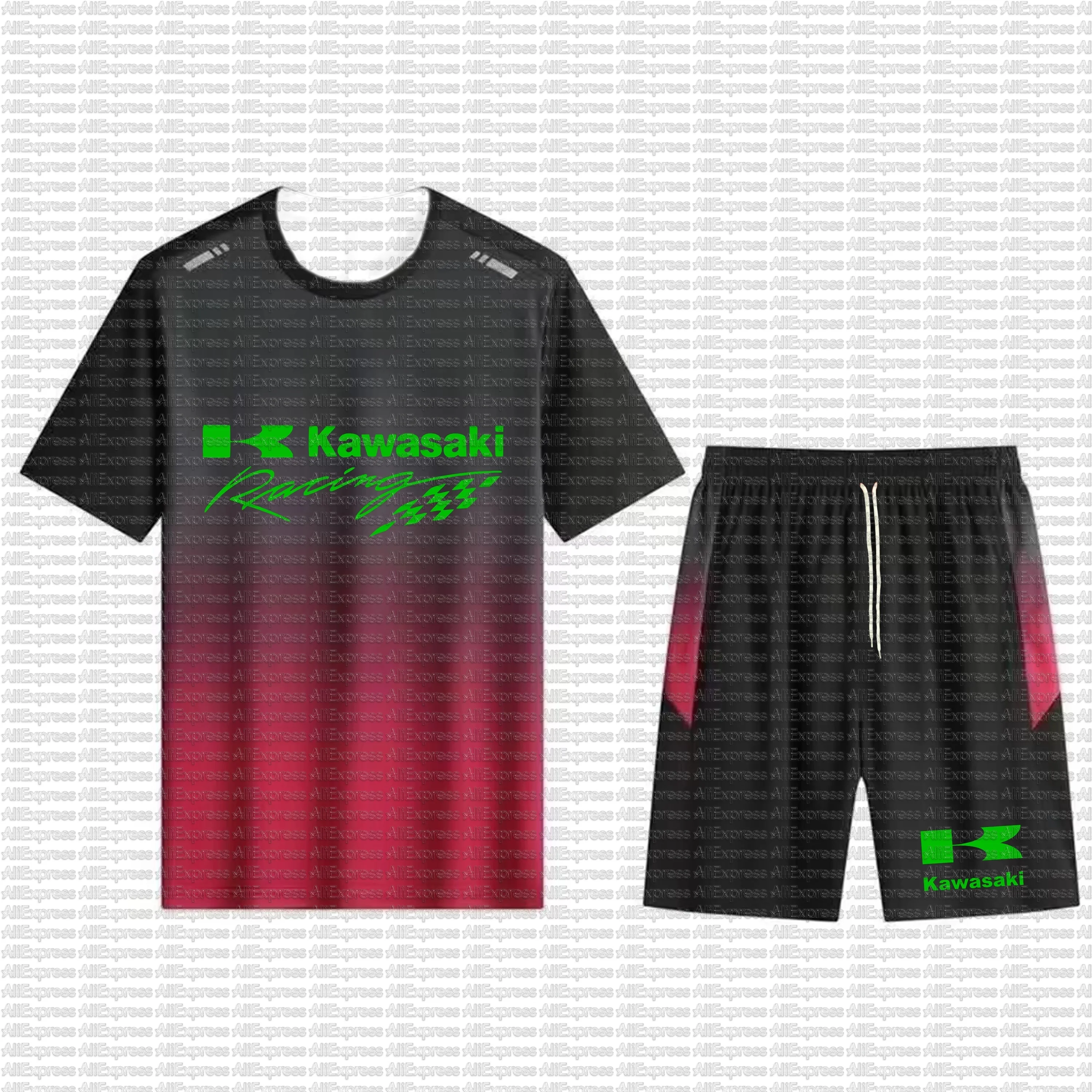 

Kawasaki Men's T-shirt + Shorts Set Motorcycle Racing Team Sports Set Breathable Quick Drying Gradient Colors Cool