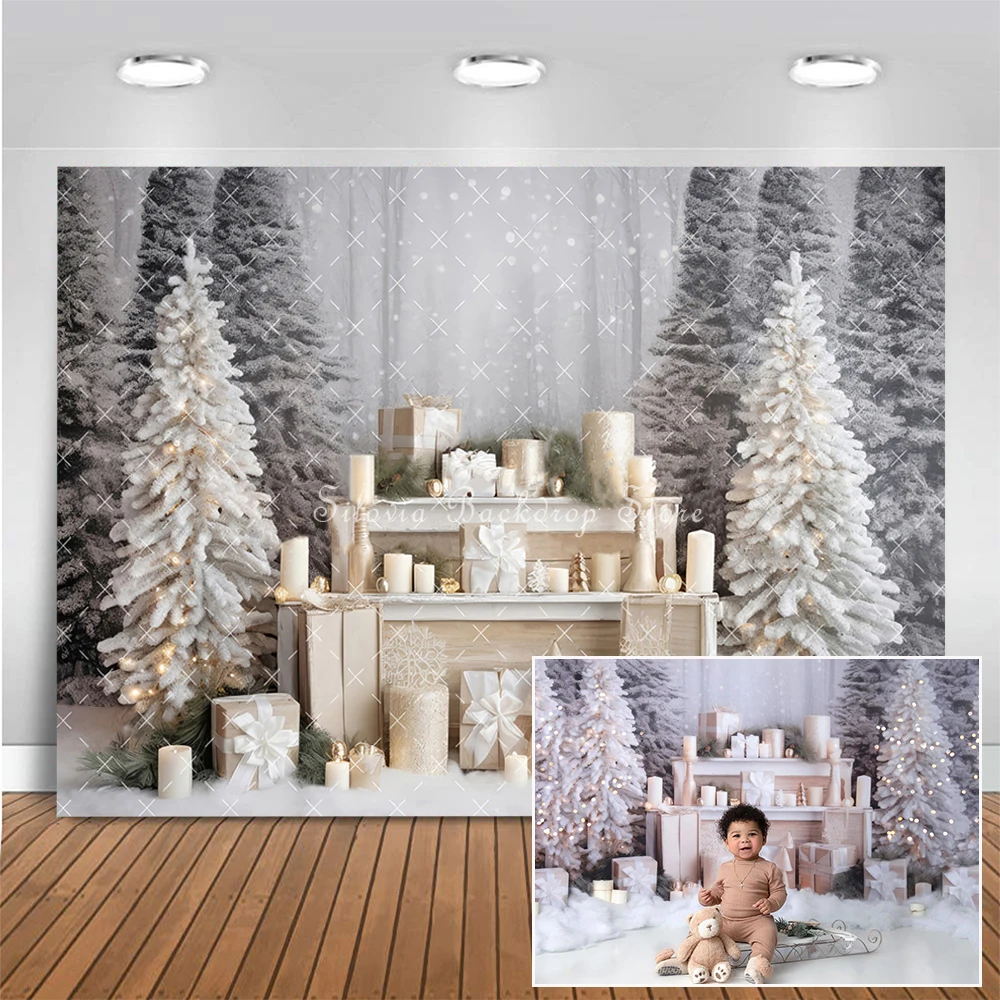 

Silvery Winter Joy Christmas Photo Background Xmas Tree Candles Gift Photography Backdrop Birthday Cake Smash Photo Studio Props