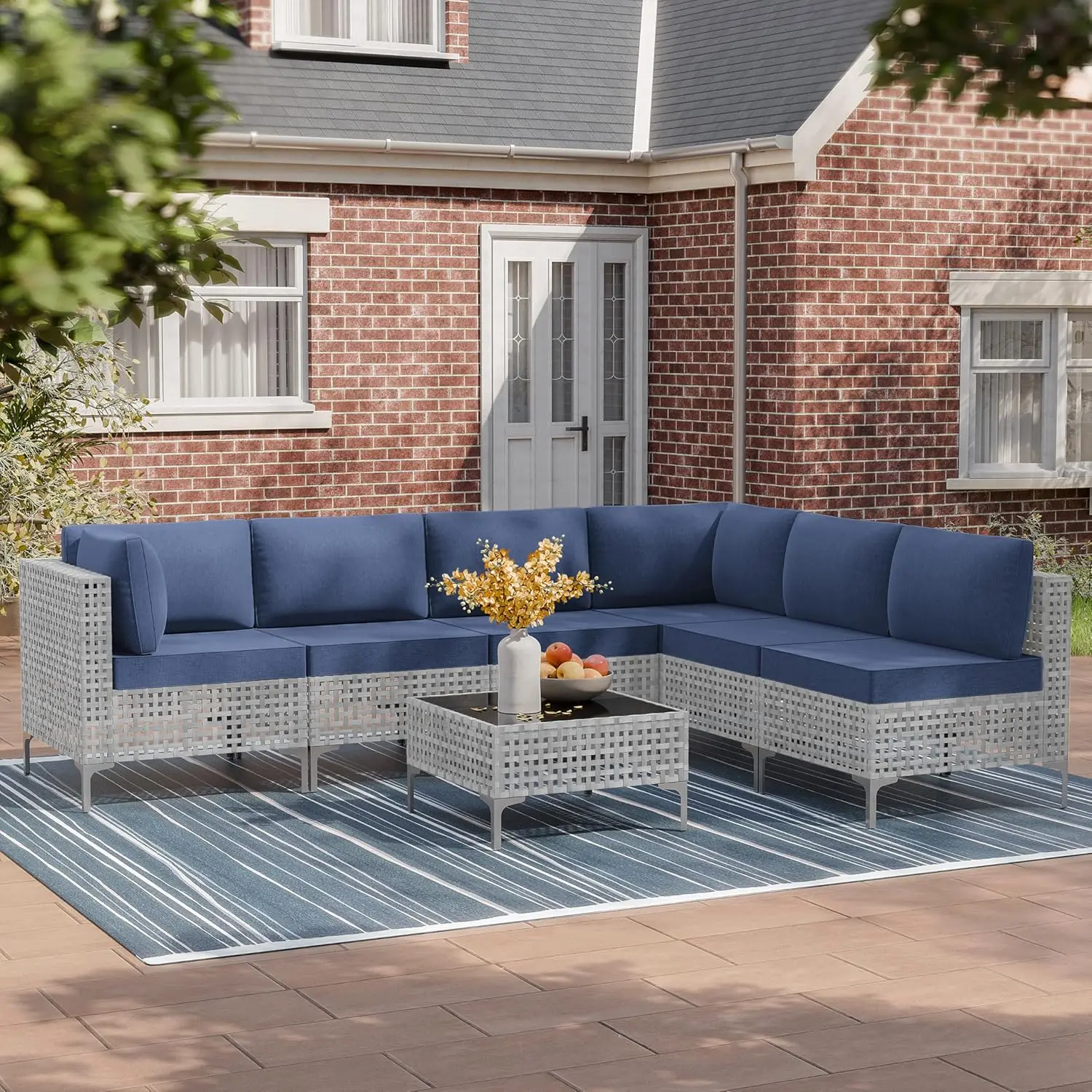 7 Pieces Patio Furniture Set Wicker Outdoor Sectional Sofa,All Weather Grey PE Rattan Outdoor Conversation Set ,NavyBlue