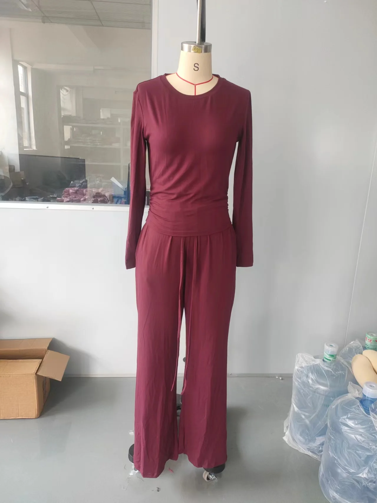 2024 European and American Cross-Border Amazon Aliexpress Autum Pure Color Casual Suit Waist Pleated Long-Sleeved Top with Trousers