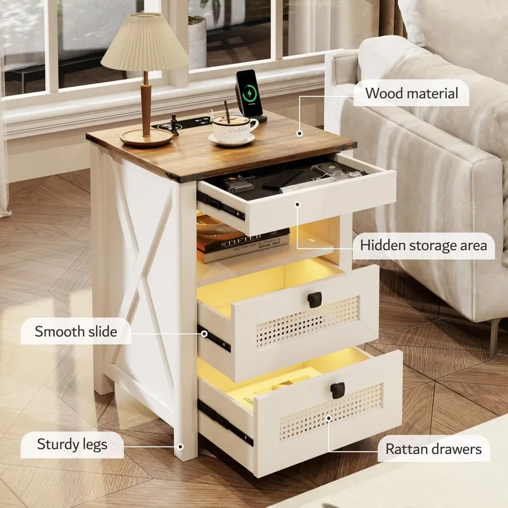 modern,Nightstand Set 2 with Gun Drawer, Bed Side Table with Charging Station, LED End Table with Human Sensor Light