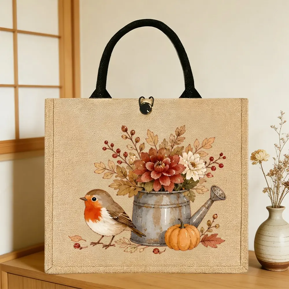 Cute Fall Robin Bird & Watering Can Floral Jute Tote Bag, Pumpkin Maple Leaf Pattern Shoulder Bag, Casual Daily Shopping Handbag