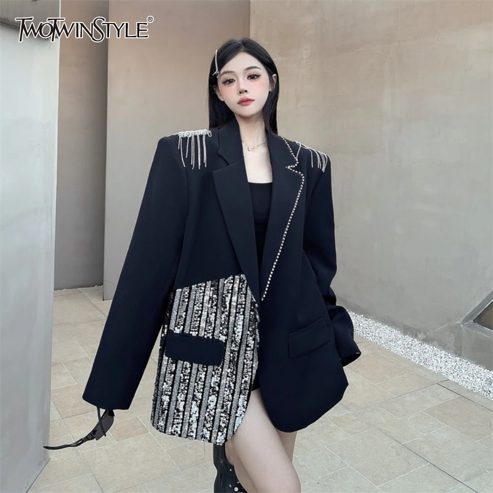 

TWOTWINSTYLE Spliced Tassel Loose Chic Blazers for Women Lapel Long Sleeve Minimalist Temperament Coat Female Fashion