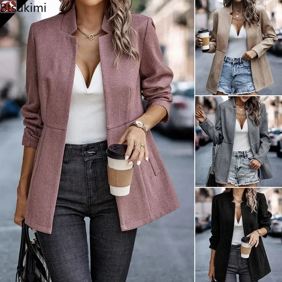 

Women's Autumn Winter Long Sleeve Blends Coat Fashion Jacquard Elegant Suit Collar Jackets Office Ladies Slim Splice Thick Coats