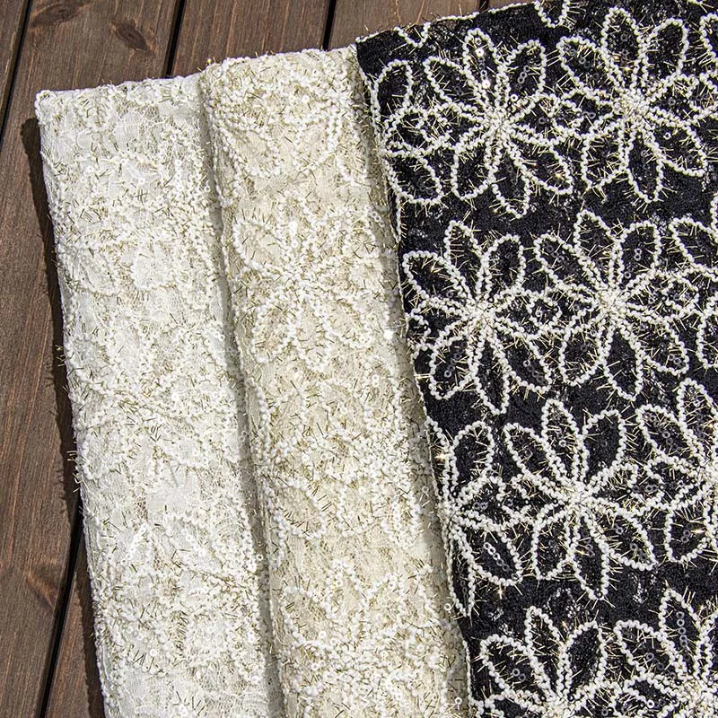 

Luxury embroidery gold thread sequin stretch lace fabric for making wedding party fabric DIY sewing lace fabric by yard