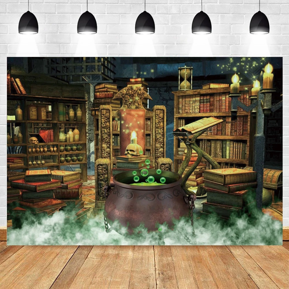 Halloween Retro Library Backdrop Witch Magic Cauldron Bookshelf Spooky Skull Pumpkin Kids Portrait Photography Background Decor