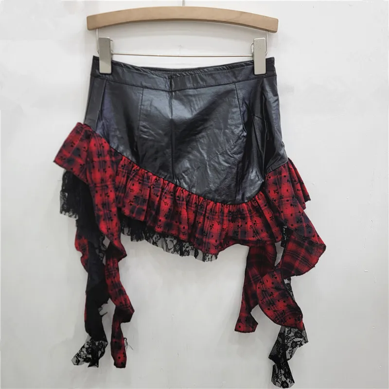 DEAT Women\'s Pu Leather Skirt Red Plaid A-line High Waist Patchwork Lace Buckle Short Skirt Autumn 2024 New Fashion 29L8954