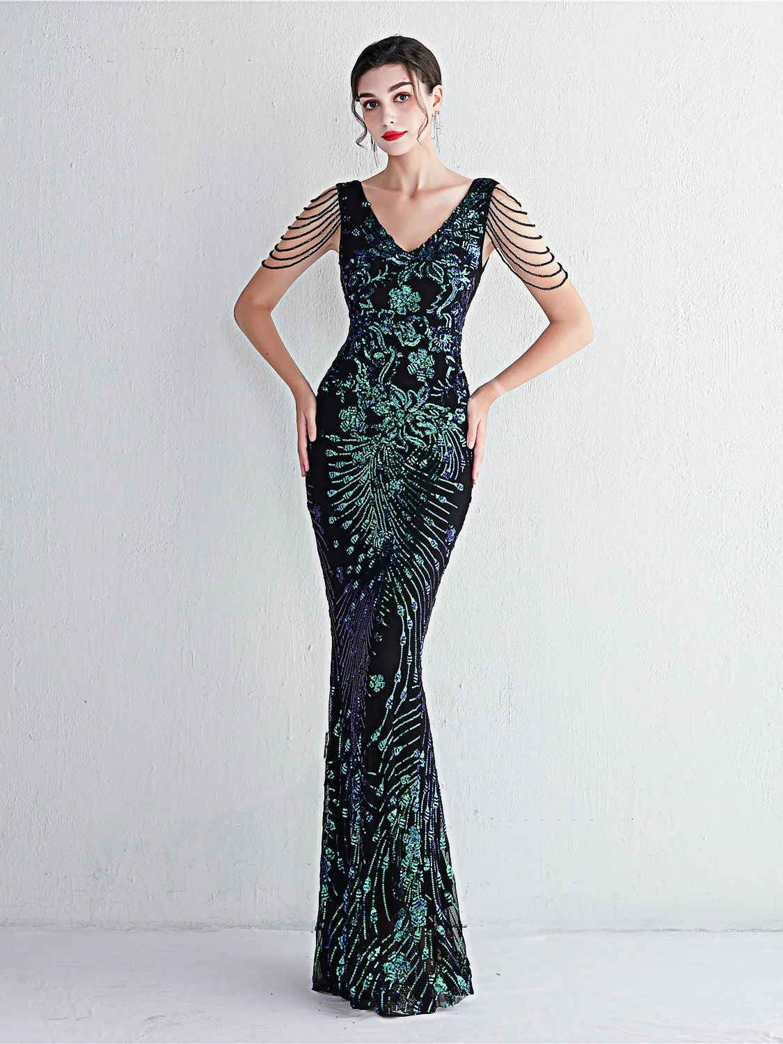 Robe de soirée longue et scintillante pour femmes, décolleté en V profond, coupe cintrée, queue de Fi Dr, Sensation de luxe, modèle hôte, Sexy, taille moyenne, fermeture éclair