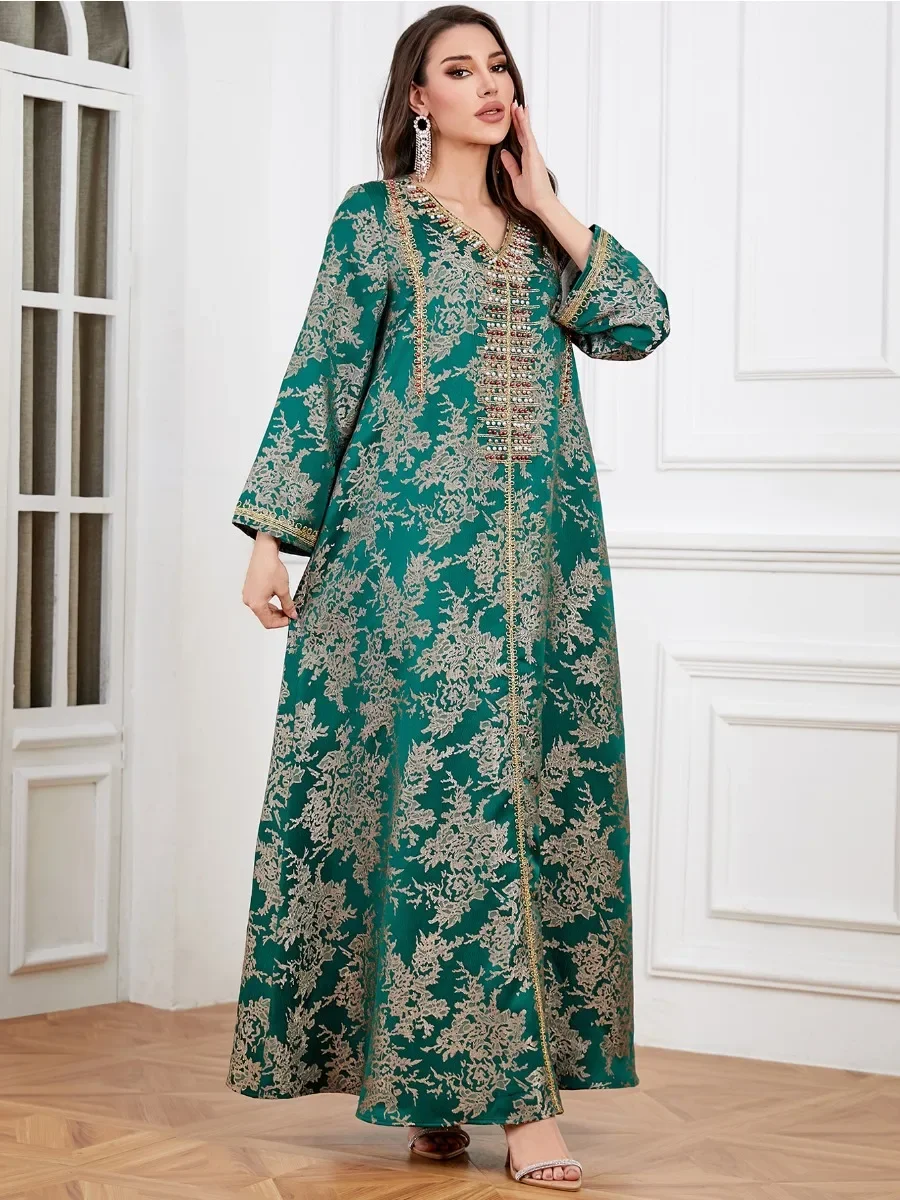 Vestido musulmán Eid para mujer Abaya con cuentas y cuello en V Vestidos largos Vestidos Largos caftán de fiesta Jalabiya Ramadán Dubai vestido largo árabe 2025