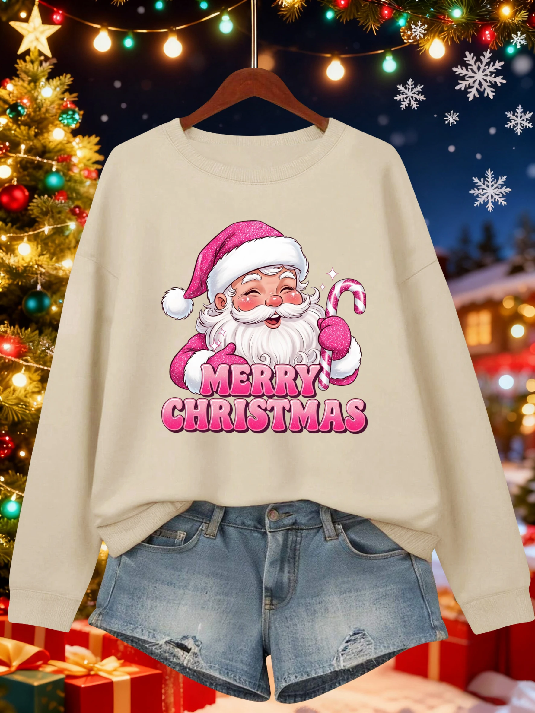 เสื้อสเวตเชิ้ตลายซานตาคลอสสีชมพูสำหรับผู้หญิง แฟชั่นเสื้อพูลโอเวอร์ผ้าฟลีซ คอกลม สไตล์สตรีทแวร์ ทรงหลวม สวมใส่สบาย สำหรับฤดูใบไม้ร่วง