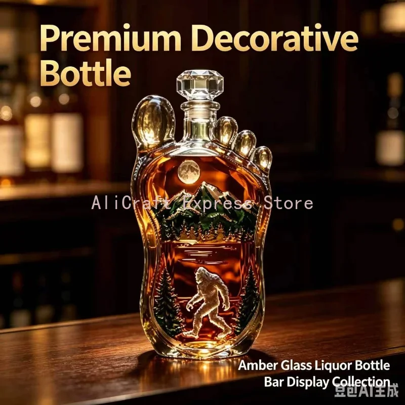 Bigfoot Footprint Glass Whiskey Decanter, Wilderness Sasquatch Liquor Bottle, Home Bar Man Cave Cabin Decor Collectible Gift