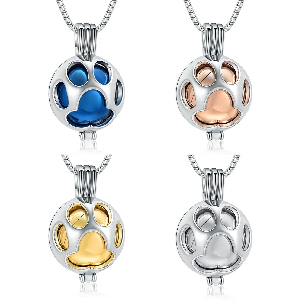 Wholesale Cremation Jewelry Cat's Paw Pendant Necklace Round Pot Hollow Openable For Ashes Stainless Steel Keepsake Jewelry