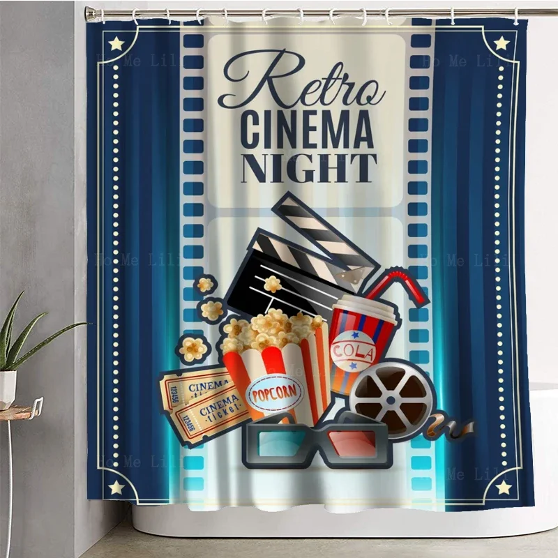 Retro Cinema Club Night Invitation Poster With Movie Theater Tickets 3d Glasses Shower Curtain By Ho Me Lili For Bath Decor