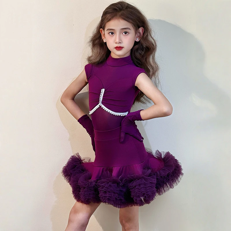 Kids Girls Latin Dance Dresses Mesh Sleeveless Bodysuit and Chiffon Tutu Skirt Dancewear Ballroom Training Competition Costume