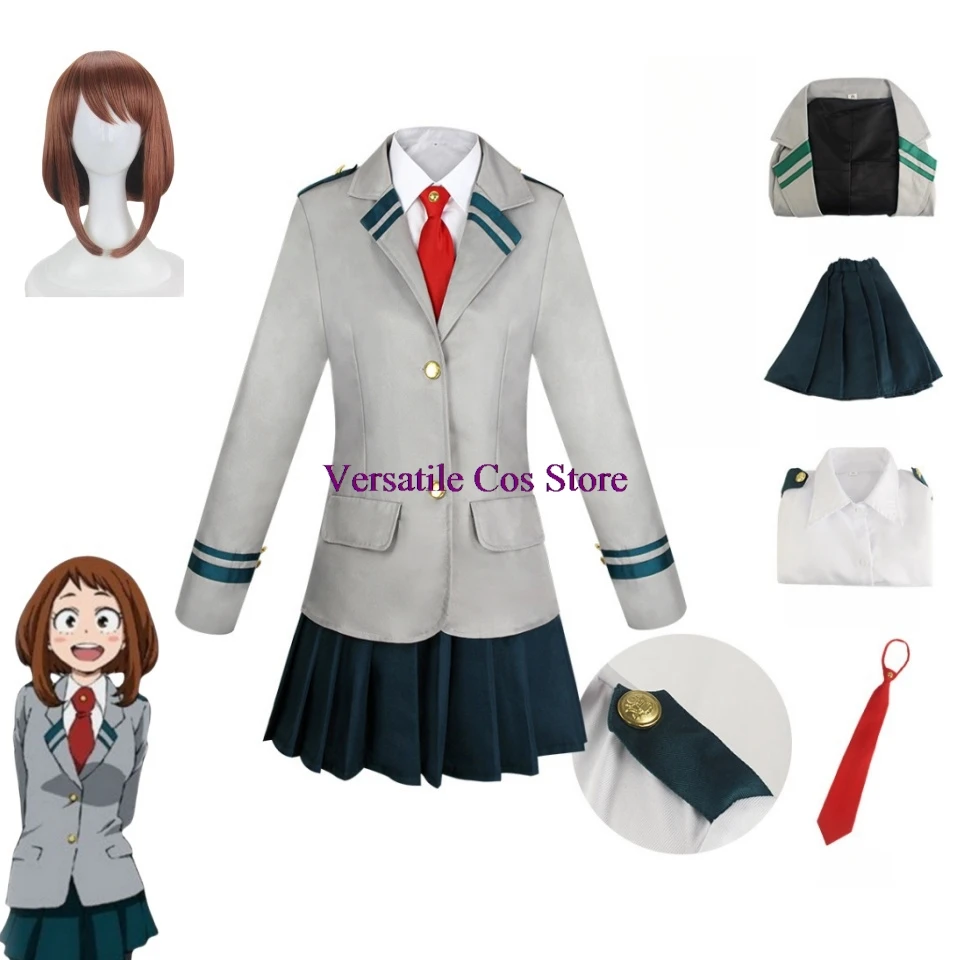 My Hero Academia Anime Uraraka Ochako Cosplay Costume School Uniform Set Wig Suit Halloween Role Play