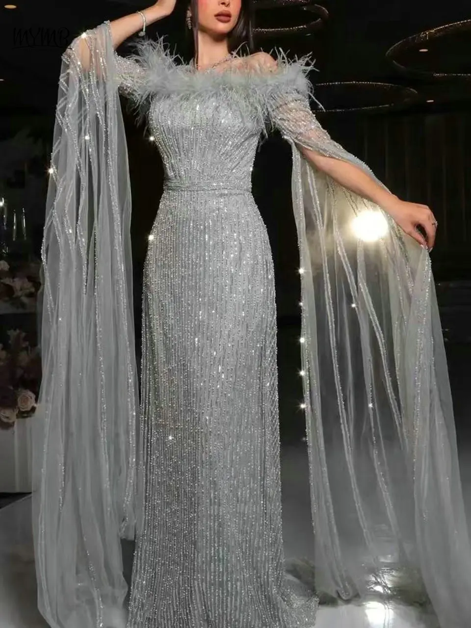 MYMB Pink Amazing Cape Sleeves Evening Dresses for Women Wedding Party Luxury Beaded Feathers Strapless Mermaid Tulle Prom Gowns