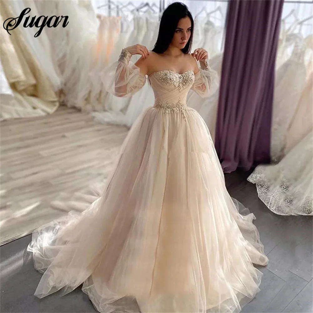 

Boho Wedding Dress Sweetheart Appliques Lace A-Line Puffy Sleeves Princess Elegant Wedding Gown Bride Dresses vestido novia