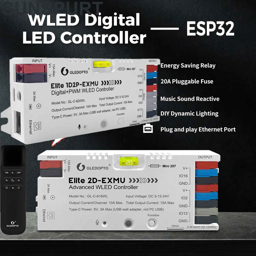 1-10P GLEDOPTO WLED Controller Dual Addressable+PWM CCT 15A ESP32 Music WiFi Ethernet for WS2812B SK6812 RGB/Tunable White Strip