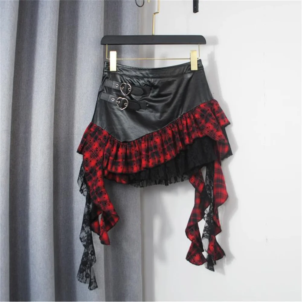 Fashion rock style high-waisted PU leather skirt for women checkered irregular ribbon hem skirt girl A-line puff skirt