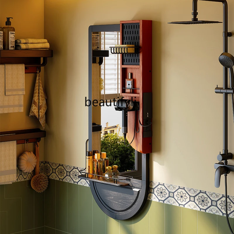 

Entryway Full-Length Mirror Living Room Vintage Wall-Mounted Dressing Mirror Bathroom French Style Integrated Storage Rack