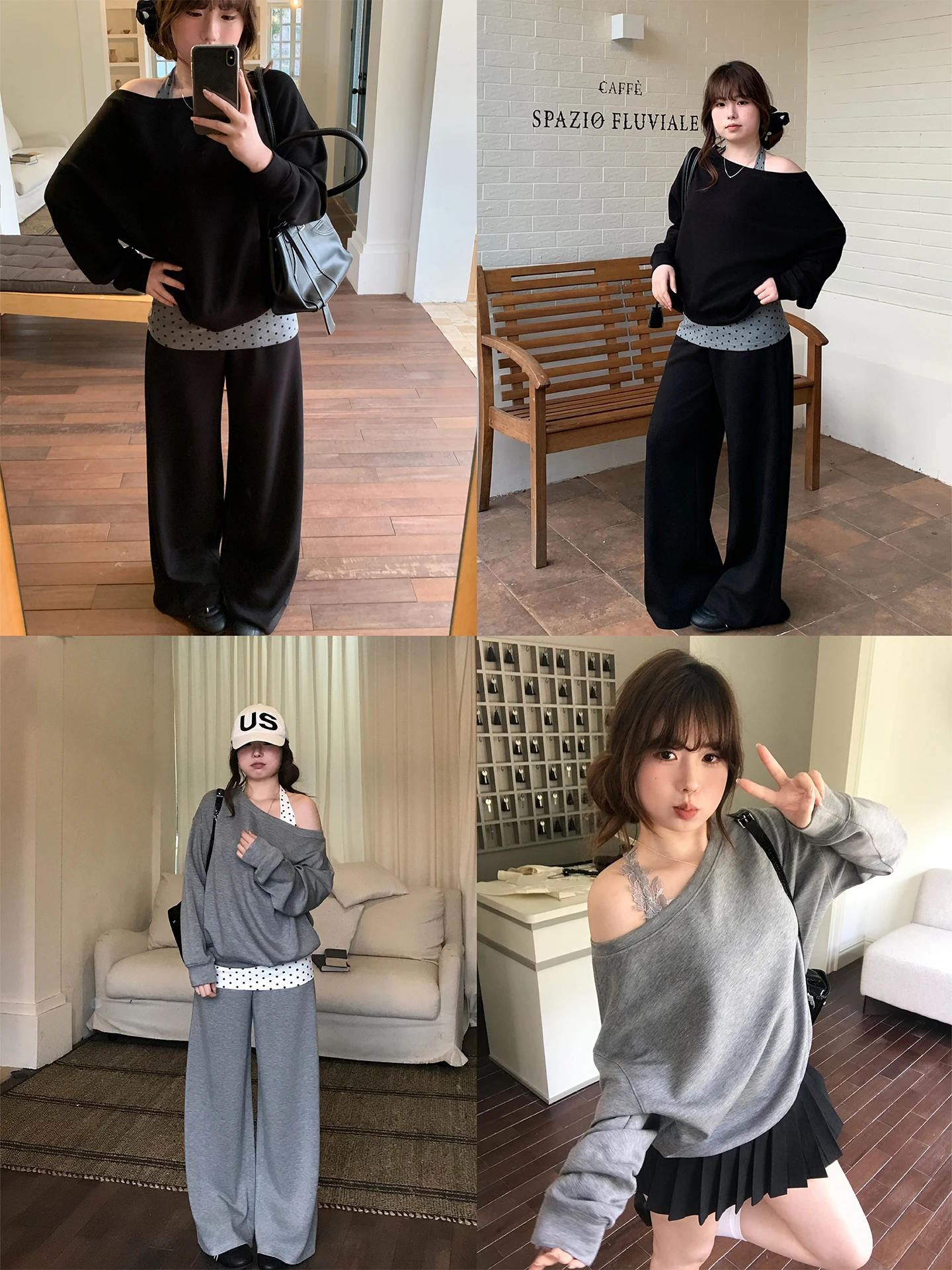 

Комплект из свитшота с открытыми плечами и широких брюк в корейском минималистичном стиле Vegetable Orbs, с длинными рукавами, весенний модный женский комплект