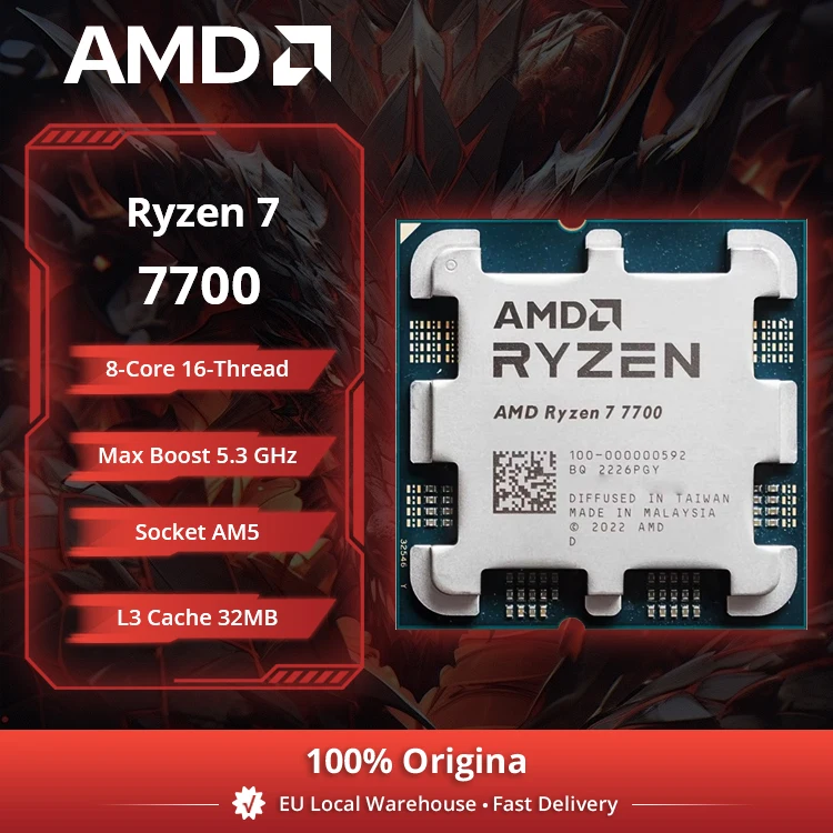 Processeur de bureau AMD Ryzen 7 7700, 8 cœurs, 4,5 GHz, 5 nm, 32 Mo de cache L3, socket AM5 (refroidisseur non inclus)