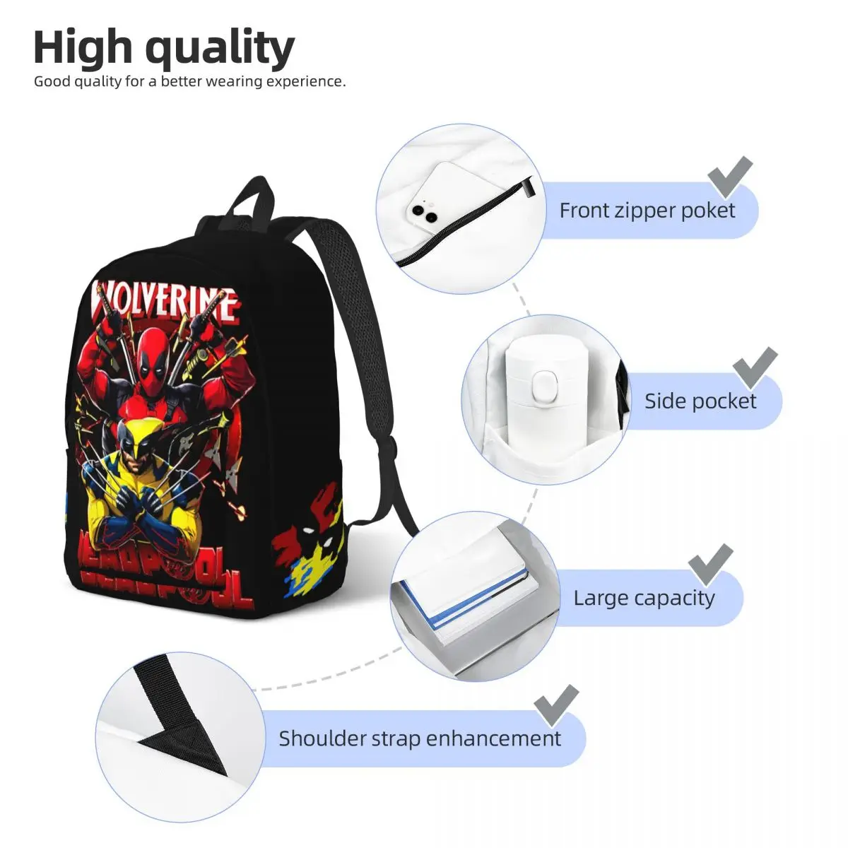 Popular Movies Backpack Deadpool & Wolverine Couple Harajuku Design High School For Gifts Retro Washable Laptop Bag