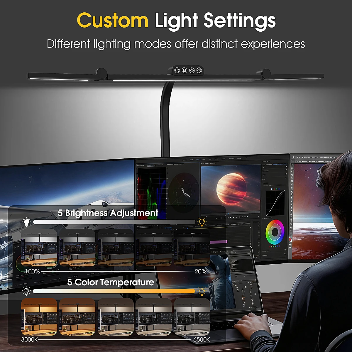 Aiopp LED-Schreibtischlampe mit breiter Beleuchtung und 3 Klammern, Augenschutz, dimmbar, Timer-Funktion, flexibler, verstellbarer Metallarm, Clip-Licht für Dual-Monitor, Home-Office, Designer-Arbeitsplatz – Detail 1