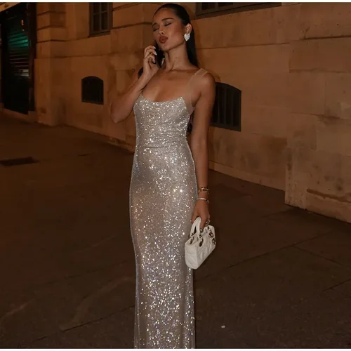 Leosoxs 여성용 스팽글 드레스, 섹시한 타이트 백리스 롱 드레스, 반짝이는 파티 맥시 원피스, 민소매 우아한 솔리드 원피스  Best5