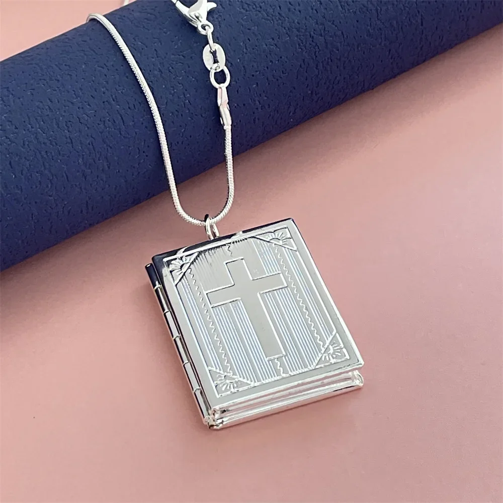 925 Silver Necklace Square Cross Photo Frame Pendant, Suitable For Women's Daily Wear