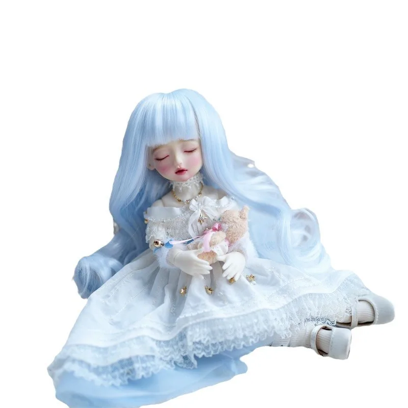 BJD pop pruik voor 1/6 maat lange rol zachte zijde lichtblauwe pruik pop accessoires