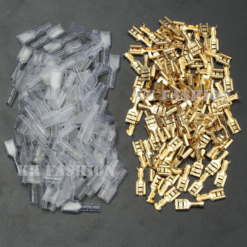 100pairs (200pcs) 6.3mm Crimp Terminals Kit 0.5mm2-1.5mm2 Female Spade Connectors with Insulating Sleeve AWG 22-16 Set