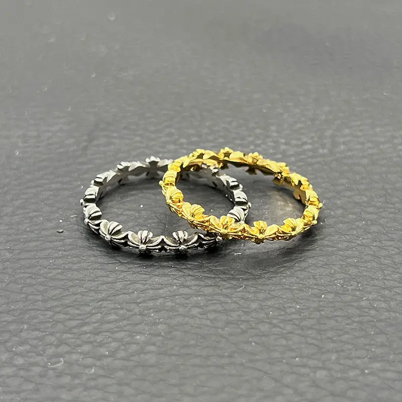 

S925 sterling silver retro gold full cross ring, male and female long cross ring, male and female tail ring stacked