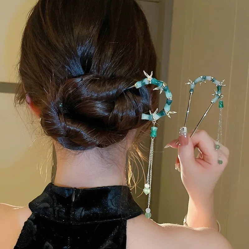 

Ancient Style Bamboo Joint Resin Tassel Hairpins New High-end Creative Hair Sticks Women's Retro Hanfu Headdress Jewelry Travel