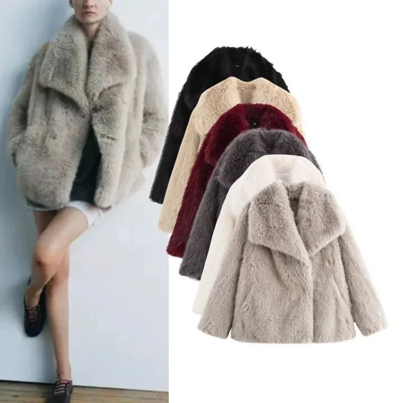 

Black Lapel Faux Fur Jacket Loose Women‘s Winter Furry Jacket Fluffy Faux Rabbit Warm Stylish Plush Coat Luxury Outerwears Thick